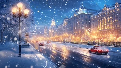 Digital painting of illuminated winter boulevard at night.