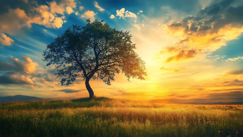 Majestic lone tree in golden meadow at sunset, painterly style.