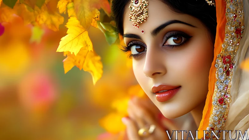 Digital portrait of woman in ornate attire amid autumn leaves.