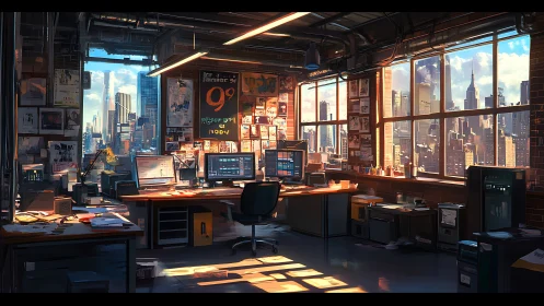 Sunlit cyber office overlooking dense futuristic skyline.