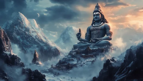 Colossal Shiva statue dominates icy Himalayan valley under stormlit sky