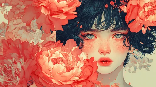 Floral portrait of girl framed by vivid coral peonies.