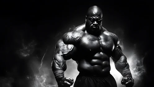 Bodybuilder poses in dramatic high contrast monochrome lighting