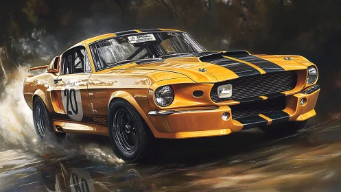 Yellow classic racing car on wet track in motion.