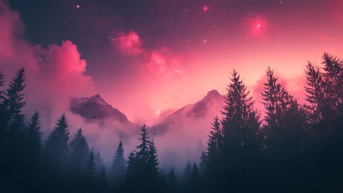 Mountain valley at dusk with pink sky and evergreen forest silhouette