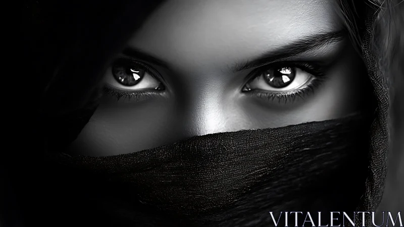 Intense monochrome gaze framed by dark textured veil