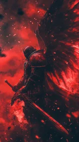 Dark winged warrior stands in a burning crimson storm