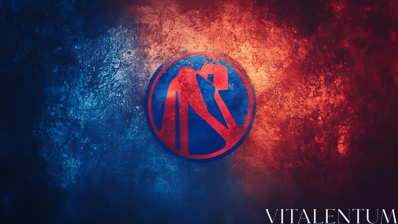 Red and Blue Logo Badge Glowing Against Fiery Texture