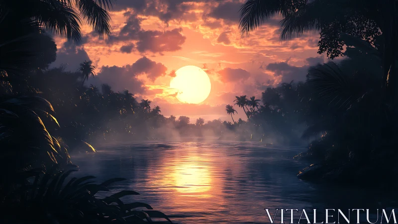 Tropical river sunset with glowing sun and misty jungle.
