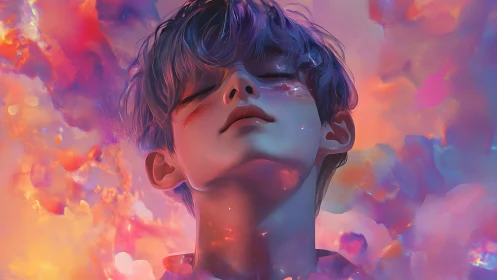 Iridescent portrait of a youth immersed in prismatic nebula light