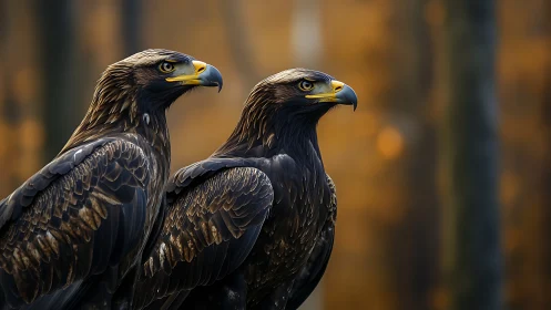Two majestic eagles in autumn forest, realistic wildlife photography.