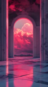 Crimson marble archway frames luminous celestial horizon.