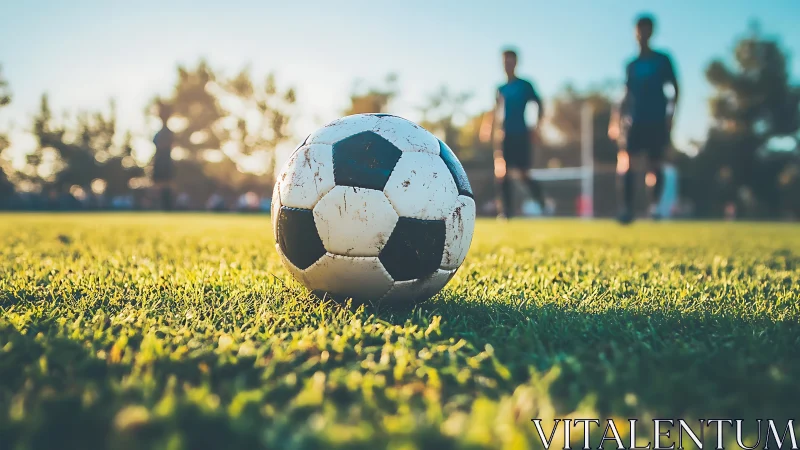 Soccer ball on grass field with blurred players behind.