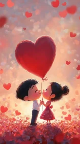 Two cartoon children holding giant red heart balloon together