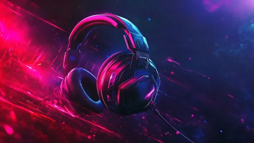 Glowing gaming headphones float in a neon sci fi soundscape