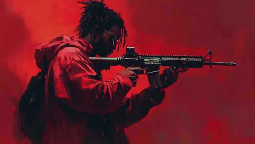 Lone figure aims a rifle in a stark red digital haze