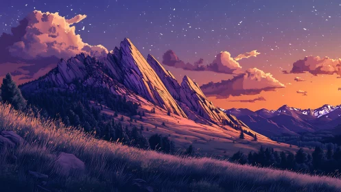 Sunset mountain ridge over glowing alpine valley scene.