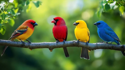 Four Colorful Songbirds on Branch in Vibrant Nature Photography.
