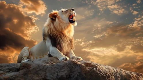 Sunlit lion greeting the glowing sky from rocky heights.