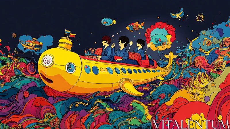 Playful yellow submarine cruising a swirling rainbow sea.