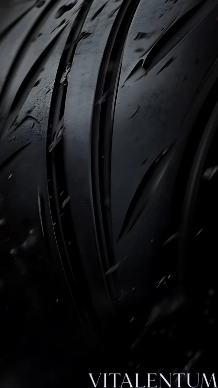 Wet performance tire tread in dramatic low key lighting.