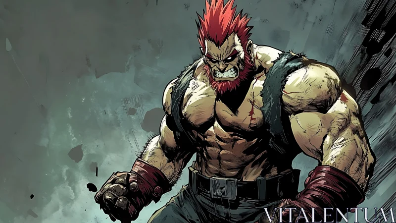 Hyper-muscular red-haired brawler rendered with dynamic comic inking