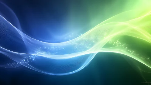 Luminescent blue green waveforms form layered flowing light ribbons