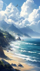 Coastal cliffs and turquoise surf beneath cumulus skies.