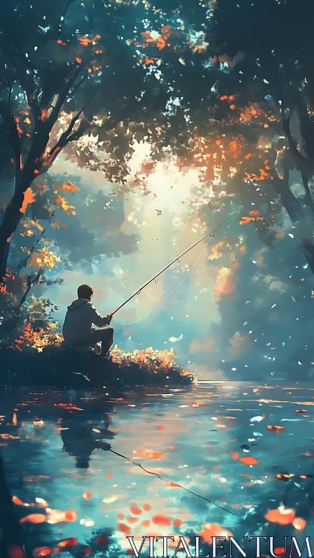 Lone dreamer fishing in painted forest light by still water.