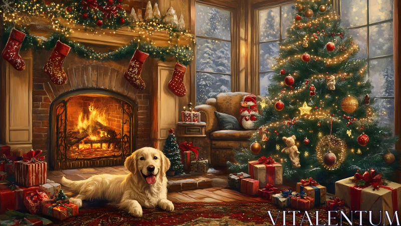Golden retriever curling up by a glowing Christmas hearth.