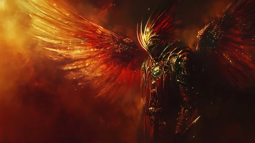 Celestial warlord with blazing crimson wings in molten sky.