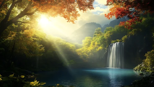 Sunlit forest waterfall over tranquil turquoise pool.