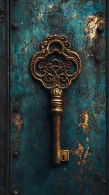 Golden antique key resting on a weathered teal door.
