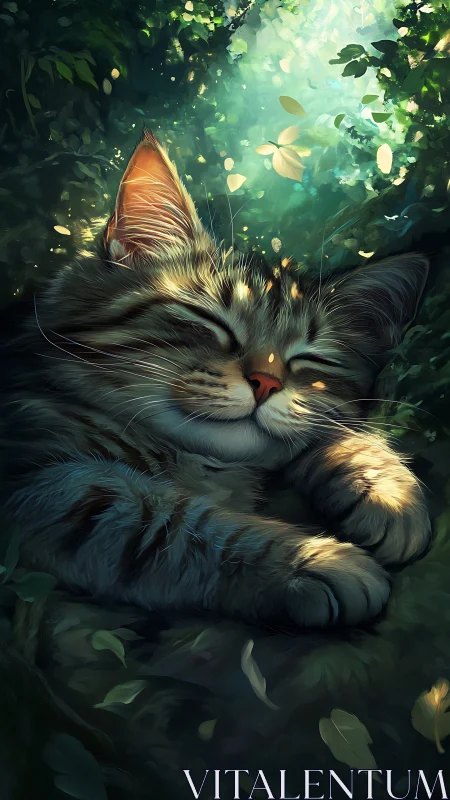 Serene Cat Basking in Enchanted Woodland Light.