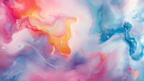 Fluid abstract composition in pink, blue and yellow tones.