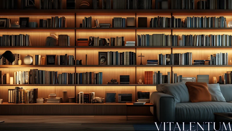 Modern living room library wall with warm shelf lighting.