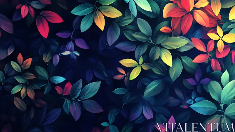 Luminous rainbow leaves dancing softly on midnight blue.