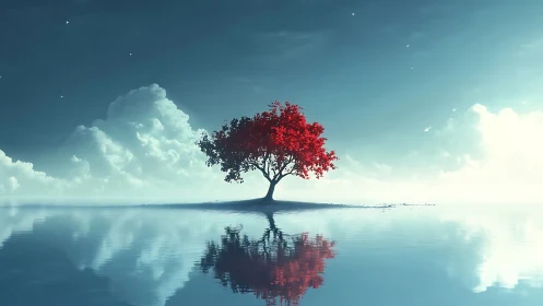 Solitary red tree reflects on tranquil cyan horizon plane