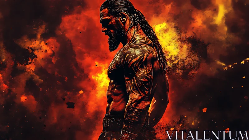 Tattooed warrior stands in profile against fiery explosion.