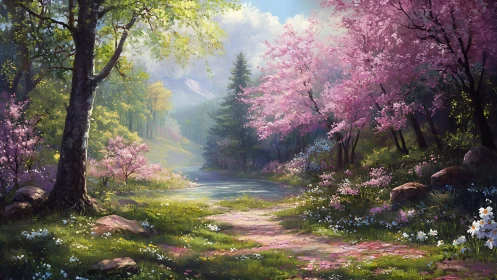 Spring forest path winds through blooming cherry trees.