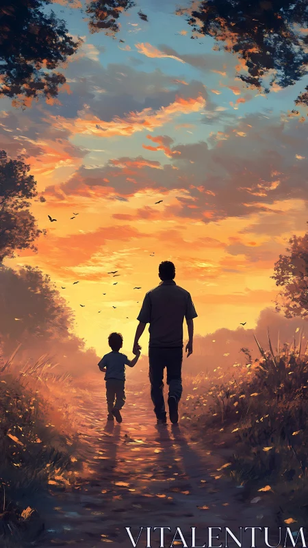 Sunset path of small footsteps and steady grown shadows.