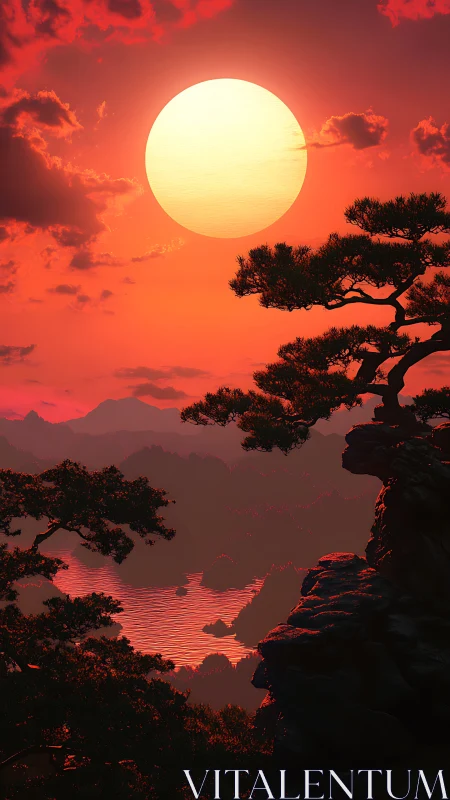 Digital landscape renders silhouetted trees against large sun