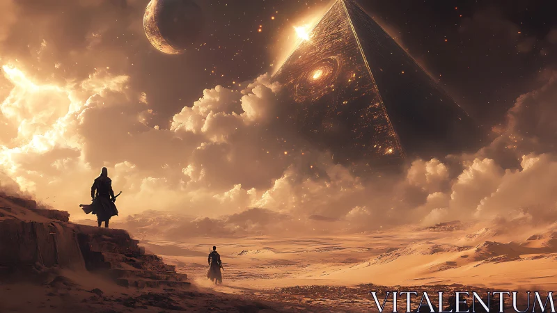 Wandering warriors approach colossal cosmic pyramid under twin moons