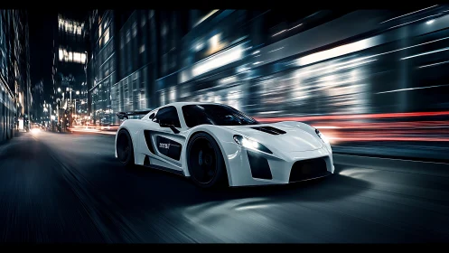 White sports car speeds through illuminated city street at night