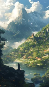Mountain valley river with terraced village and lone figure.