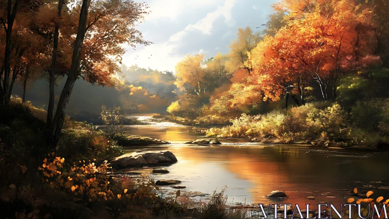Golden autumn river reflects warm forest light