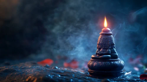 Bronze Hindu oil lamp sculpture with single flame in misty night