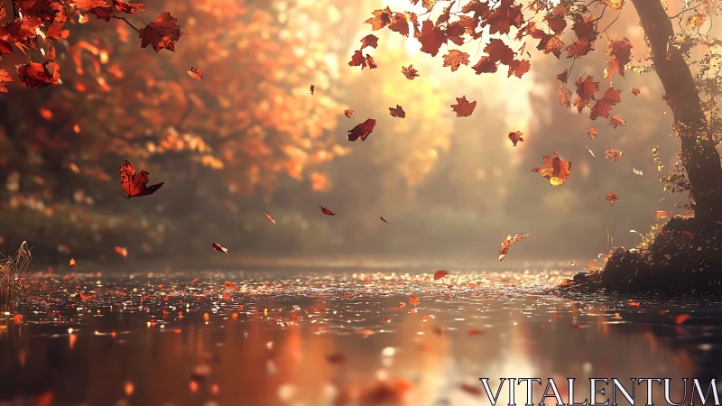 Autumn leaves descend over a reflective river in diffused light