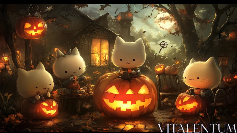 Digital rendering depicts anthropomorphic cats positioned with illuminated pumpkins in stylized envi