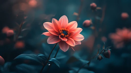 Coral dahlia bloom against teal toned foliage and muted background.